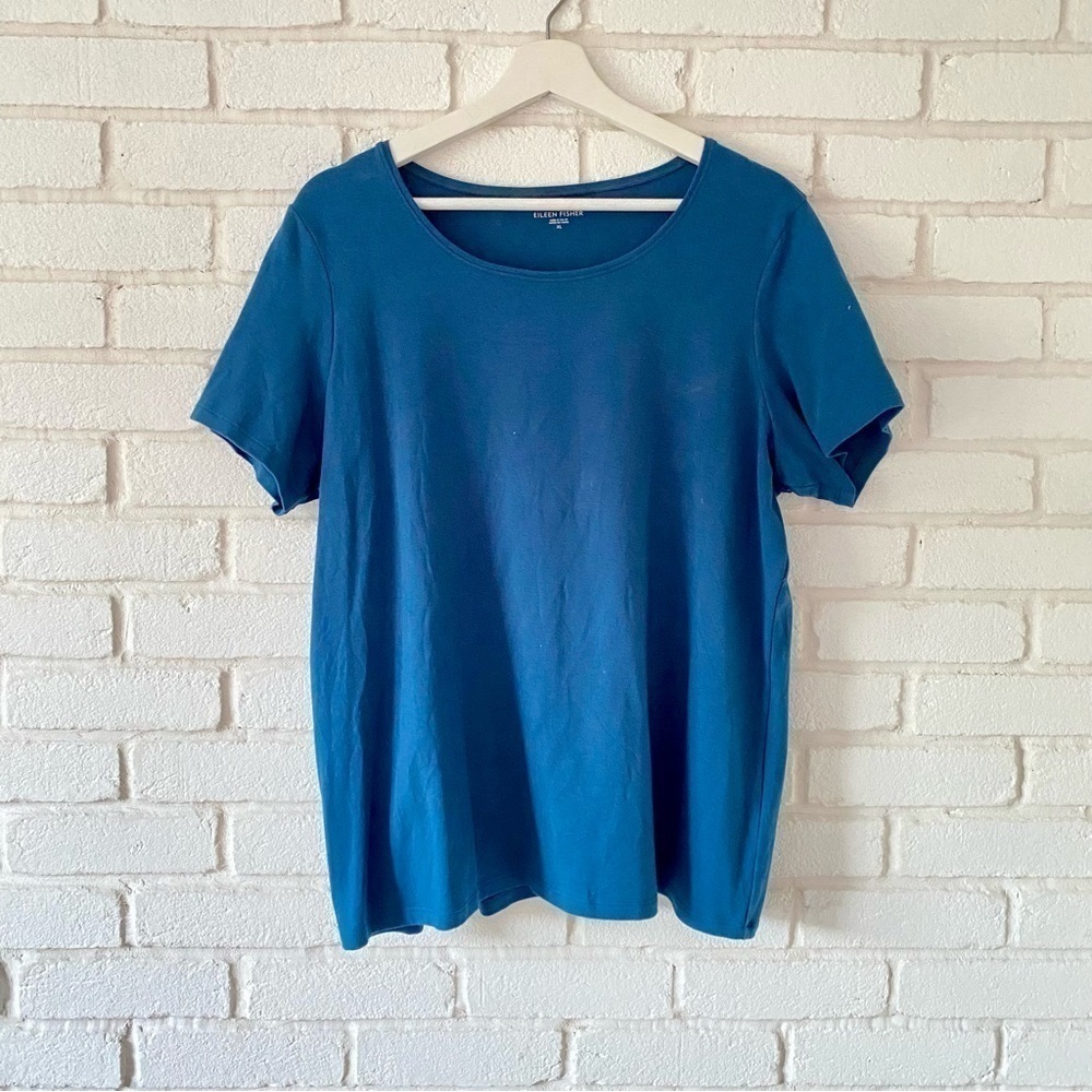 Eileen Fisher Blue Organic Cotton Scoop Neck Tee Shirt Top Women’s Size XL